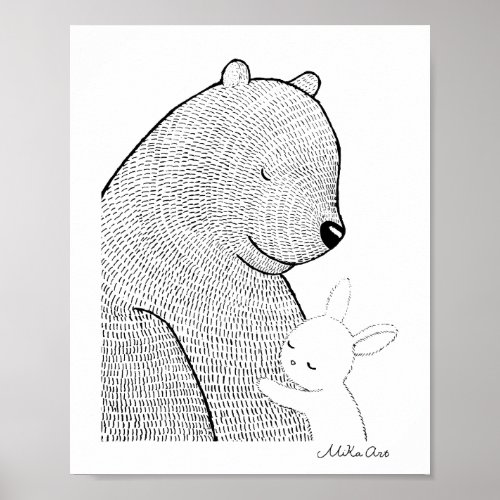 Bear and Bunny Sweet woodland Animal hug snuggle   Poster