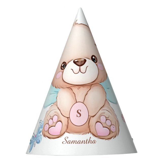 Bear and Butterflies Personalized Party Hat (Front)