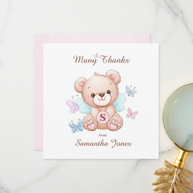 Bear and Butterflies Personalized Thank You Card (Front/Back In Situ)