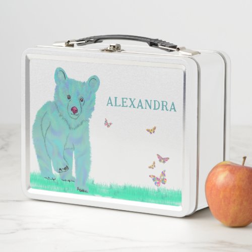 Bear and Butterfly Kids Name School Metal Lunch Box