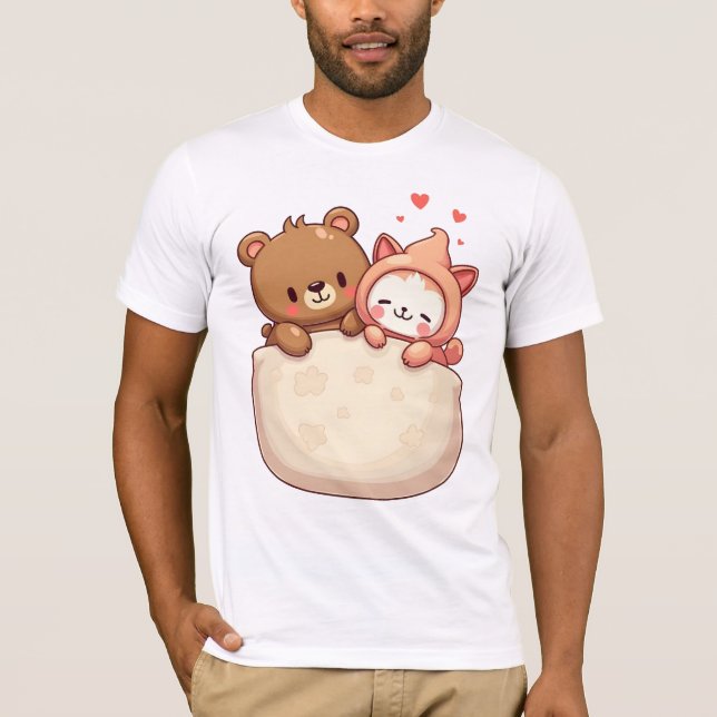 Bear and Cat Kawaii T-Shirt (Front)
