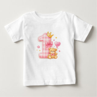 Bear and Checkered One 1st Birthday Baby T-Shirt