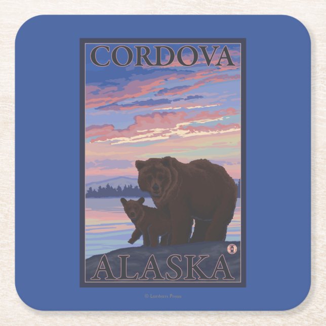 Bear and Cub - Cordova, Alaska Square Paper Coaster (Front)