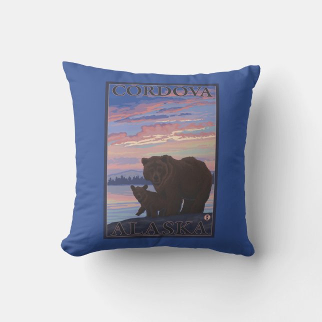 Bear and Cub - Cordova, Alaska Throw Pillow (Front)