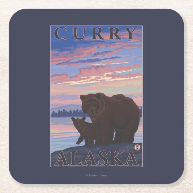 Bear and Cub - Curry, Alaska Square Paper Coaster (Front)