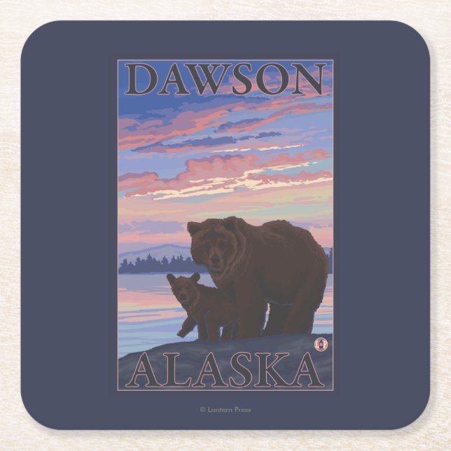 Bear and Cub - Dawson, Alaska Square Paper Coaster (Front)