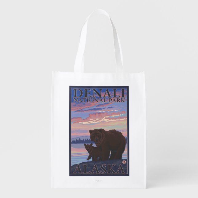Bear and Cub - Denali National Park, Alaska Grocery Bag (Front)
