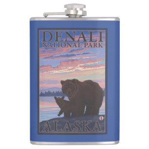 Bear and Cub - Denali National Park, Alaska Hip Flask
