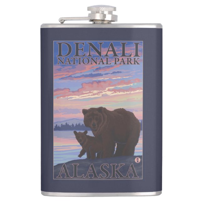 Bear and Cub - Denali National Park, Alaska Hip Flask (Front)