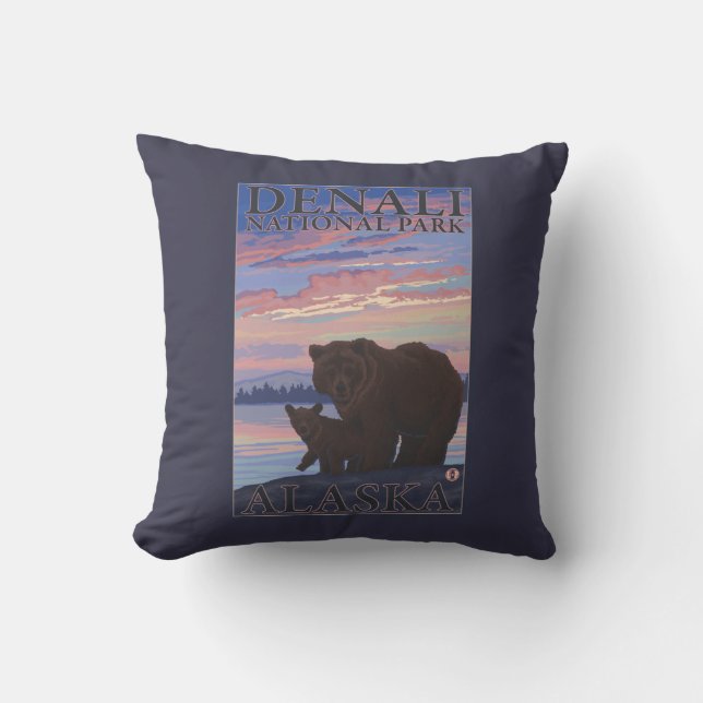 Bear and Cub - Denali National Park, Alaska Throw Pillow (Front)