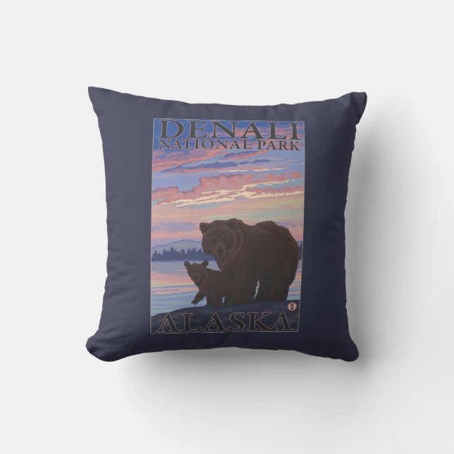 Bear and Cub - Denali National Park, Alaska Throw Pillow (Front)