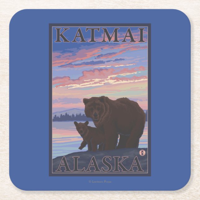 Bear and Cub - Katmai, Alaska Square Paper Coaster (Front)
