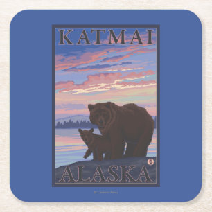 Bear and Cub - Katmai, Alaska Square Paper Coaster