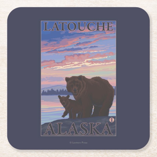 Bear and Cub - Latouche, Alaska Square Paper Coaster (Front)