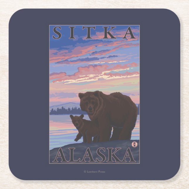 Bear and Cub - Sitka, Alaska Square Paper Coaster (Front)