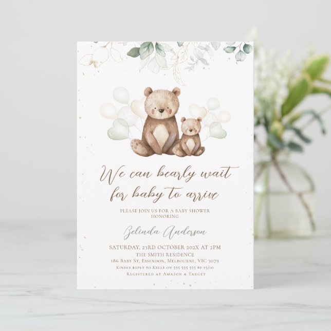 Bear and Cub We Can Bearly Wait Baby Shower Invitation (Standing Front)