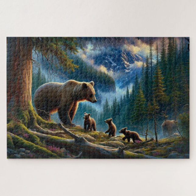 Bear and Cubs Adventure, Forested Mountain Jigsaw Puzzle (Horizontal)