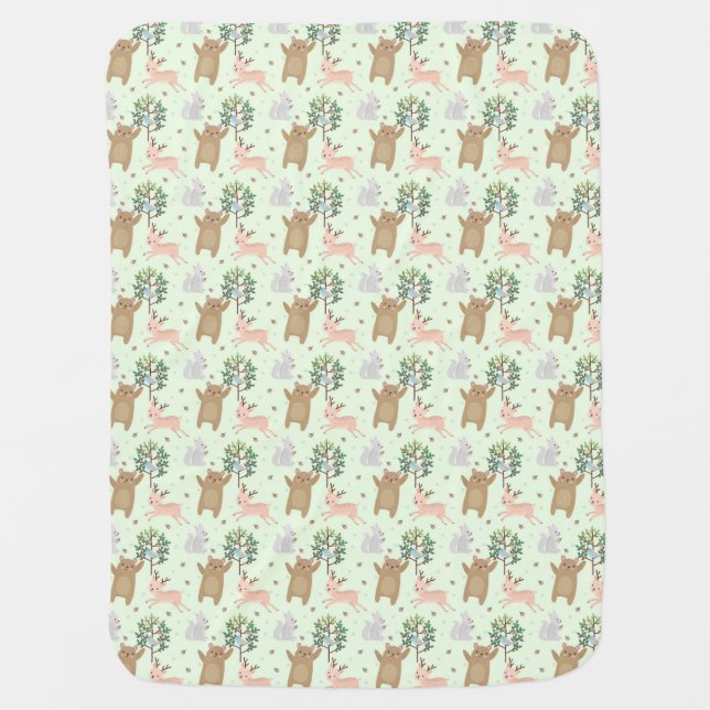 Bear And Deer in Forest Pattern Baby Blanket (Front)
