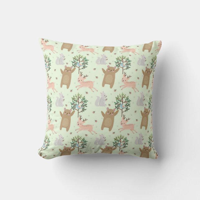 Bear And Deer in Forest Pattern Throw Pillow (Front)