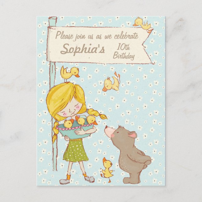 Bear and Ducklings Children Birthday Invitation (Front)