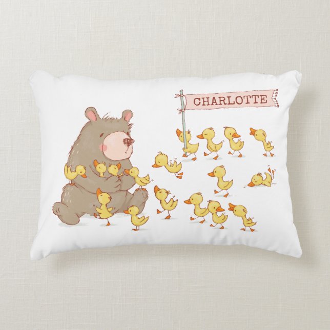 Bear and Ducks with White Background Accent Pillow (Front)