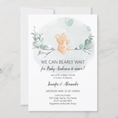 Bear and eucalyptus baby shower invitation