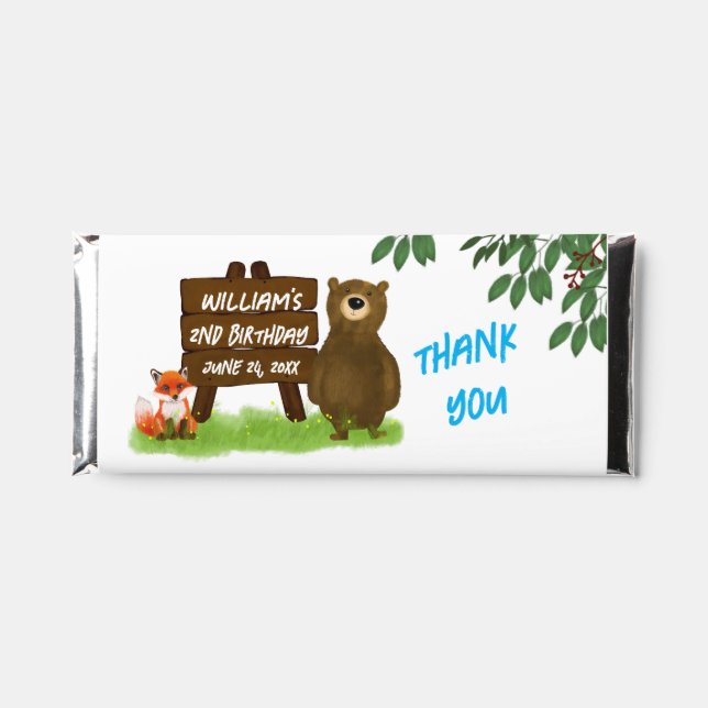 Bear and Fox Forest Animals Birthday Party Hershey Bar Favors (Front)