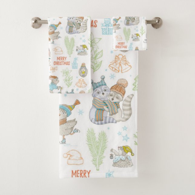 Bear And Friends Christmas Pattern Bath Towel Set (Insitu)