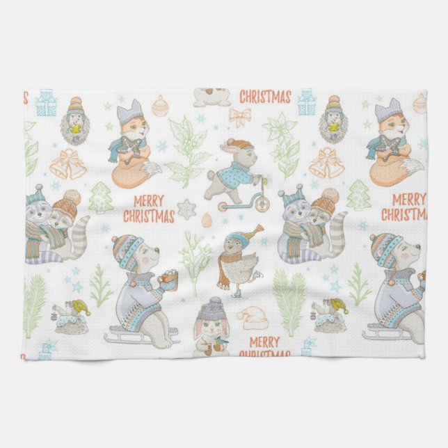 Bear And Friends Christmas Pattern Kitchen Towel (Horizontal)