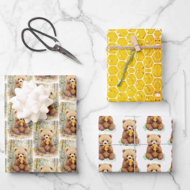  Bear and Honey Baby Shower Wrapping Paper Sheets (Front)