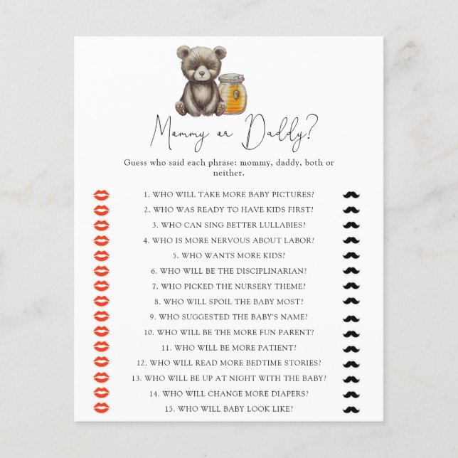 Bear and honey - mommy or daddy baby shower game (Front)