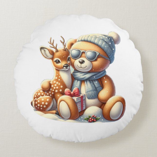 Bear and its fawn in the snow round pillow (Front)