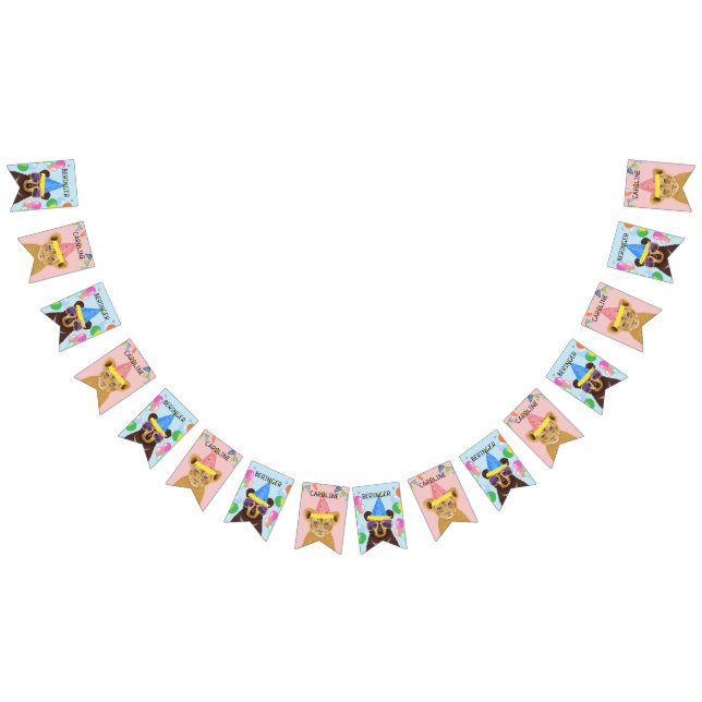 Bear and Lion Cub Blue-Pink Personalized Name Bunting Flags (All)