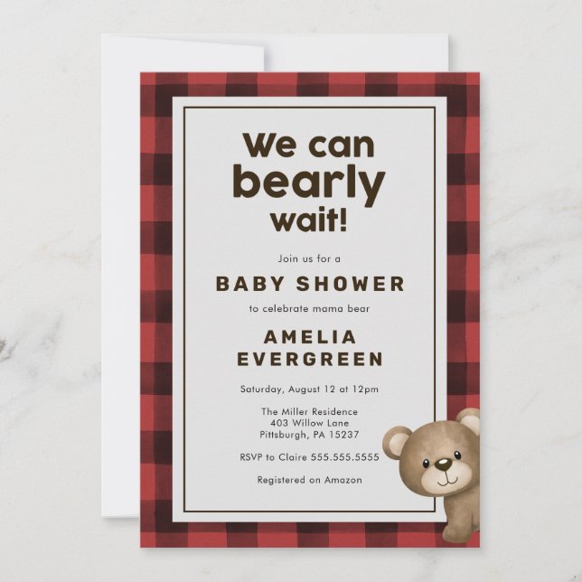 Bear and Lumberjack Flannel Baby Shower Invitation (Front)