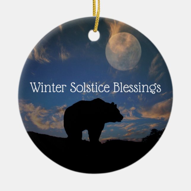 Bear and Moon Winter Solstice Blessings Ceramic Ornament (Front)