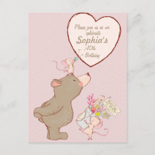 Bear and Mouse Children Birthday Invitation Postcard