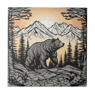 Bear and Nature Mountain Landscape  Ceramic Tile