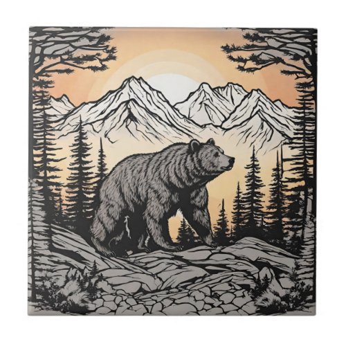 Bear and Nature Mountain Landscape  Ceramic Tile