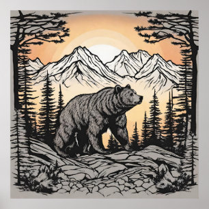 Bear and Nature Mountain Landscape Poster