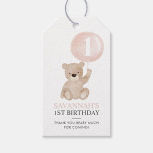 Bear and Pink Balloon 1st Birthday Favor Tags