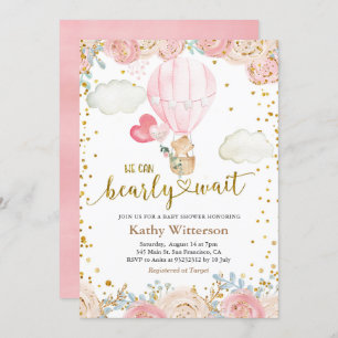 Bear and Pink Hot air Balloon Baby Shower Invitation