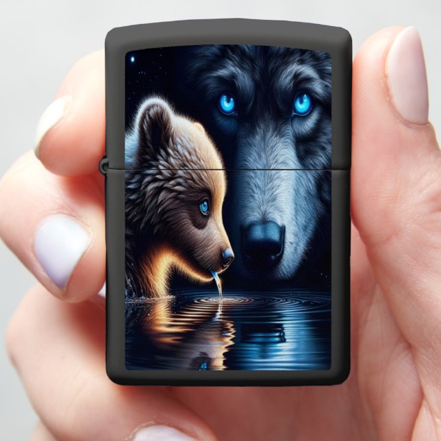 Bear And Wolf in Cosmic Wildlife Zippo Lighter (In Hand)