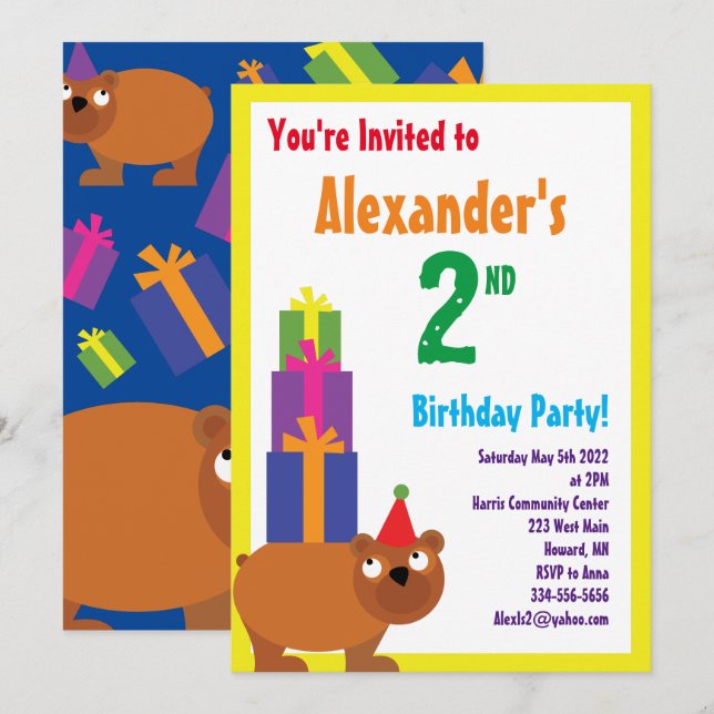 Bear Animal Kid's Birthday Party Invitations (Front/Back)