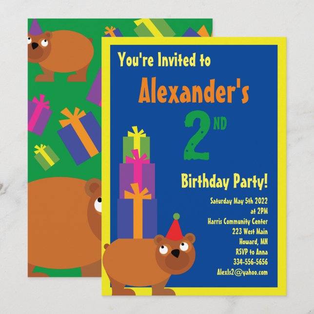 Bear Animal Kid's Birthday Party Invitations (Front/Back)
