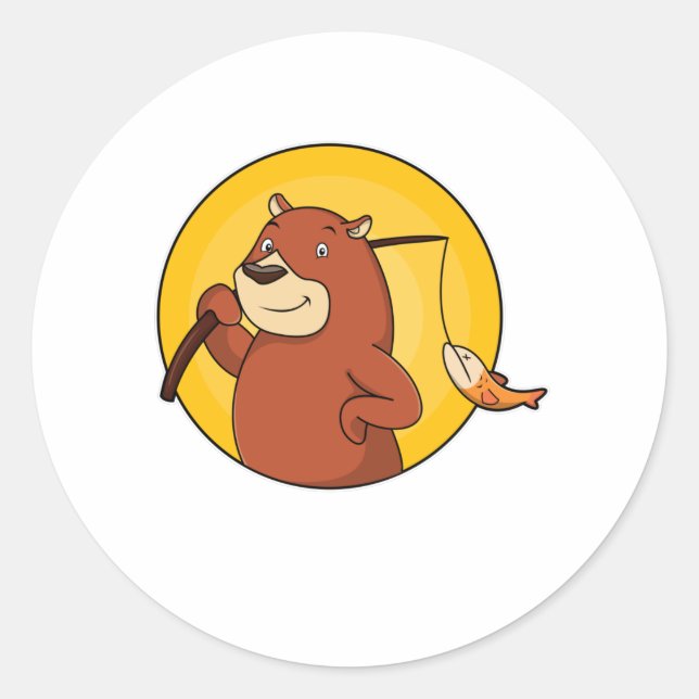 Bear as Angler with Fish Classic Round Sticker (Front)