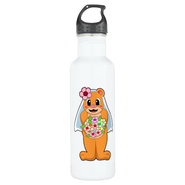 Bear as Bride with Flowers Stainless Steel Water Bottle (Front)
