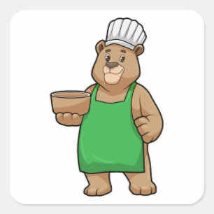Bear as Cook with Cooking apron & Wooden bowl Square Sticker