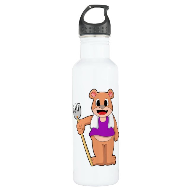 Bear as Farmer with Rake Stainless Steel Water Bottle (Front)
