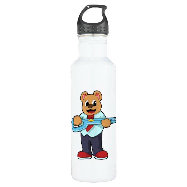 Bear as Hairdresser with Scissors Stainless Steel Water Bottle (Front)