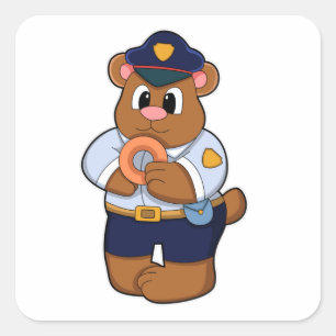 Bear as Police officer with Police uniform & Donut Square Sticker